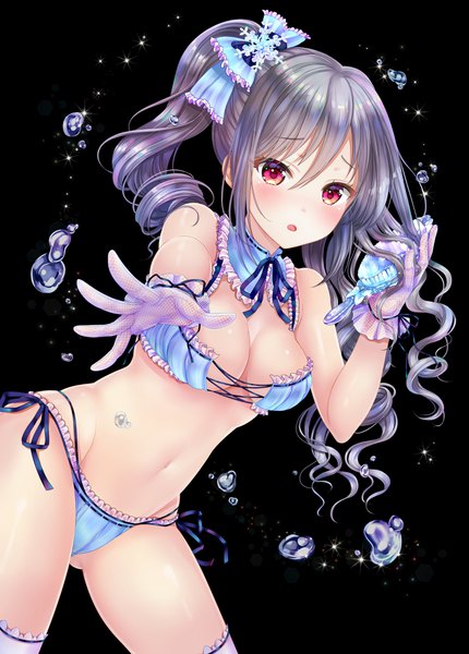 Anime picture 2936x4096 with idolmaster idolmaster cinderella girls kanzaki ranko sakura moyon single long hair tall image looking at viewer blush fringe highres open mouth light erotic hair between eyes red eyes standing holding cleavage grey hair bare belly