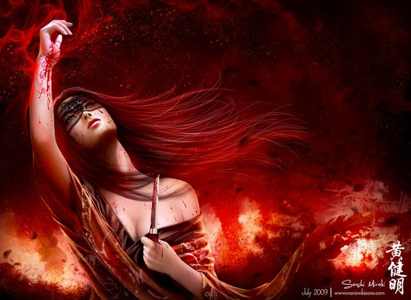 Anime picture 1000x731 with legend of the five rings soshi miroki mario wibisono (raynkazuya) single long hair bare shoulders red hair traditional clothes japanese clothes lips black eyes realistic hieroglyph destruction girl blood fire knife