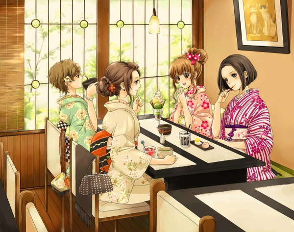 Anime picture 1267x1000 with original yukiyanagi long hair blush fringe short hair open mouth blonde hair brown hair sitting multiple girls traditional clothes japanese clothes eating drinking girl hair ornament earrings food window