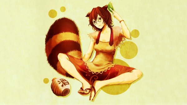 Anime picture 1500x844 with touhou futatsuiwa mamizou fringe short hair brown hair wide image sitting holding brown eyes animal ears tail animal tail cat tail girl glasses bracelet leaf (leaves)