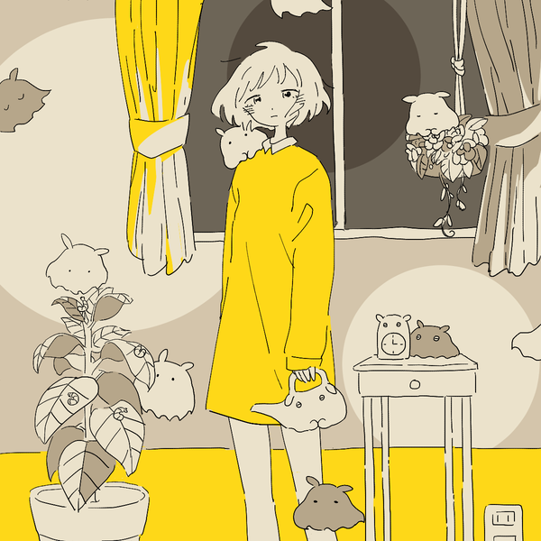 Anime picture 1200x1200 with original mitsuki sanagi single looking at viewer short hair standing holding indoors monochrome spot color girl dress plant (plants) animal window curtains clock potted plant yellow dress octopus