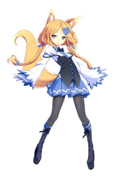 Anime picture 978x1500 with original blvefo9 single long hair tall image looking at viewer blue eyes simple background blonde hair white background animal ears tail braid (braids) animal tail fox ears fox tail fox girl girl dress hair ornament