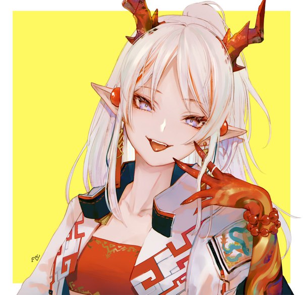 Anime picture 1000x971 with arknights nian (arknights) nido celisius single long hair looking at viewer simple background purple eyes upper body white hair ponytail head tilt horn (horns) pointy ears border yellow background girl earrings tongue