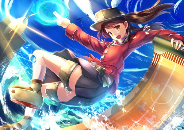 Anime picture 2000x1414 with kantai collection ryuujou light aircraft carrier sakura ani single long hair looking at viewer highres open mouth brown hair twintails brown eyes cloud (clouds) girl skirt water shoes aircraft airplane