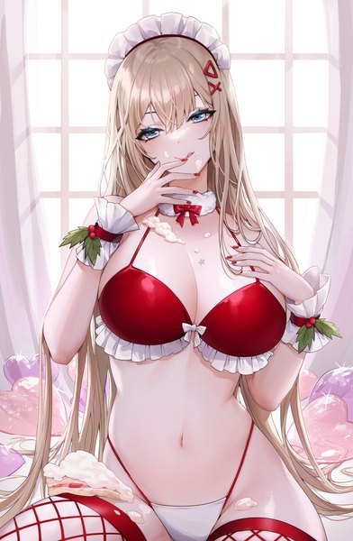 Anime picture 1000x1532 with original clearpage single long hair tall image looking at viewer fringe breasts blue eyes light erotic blonde hair smile hair between eyes sitting indoors nail polish head tilt mole sparkle mole under eye