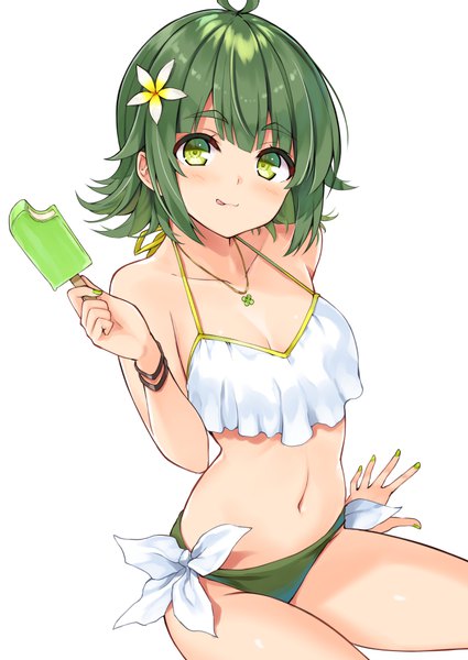 Anime picture 708x1000 with cu-no nonono futaba hisenkaede single tall image looking at viewer blush fringe short hair breasts light erotic simple background hair between eyes white background sitting bare shoulders holding green eyes cleavage ahoge