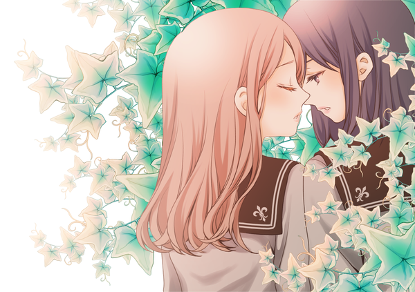 Anime-Bild 1200x847 mit original sheepd long hair black hair blonde hair multiple girls upper body eyes closed profile from behind couple shoujo ai face to face almost kiss girl uniform 2 girls plant (plants) serafuku