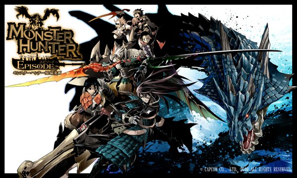 Anime picture 1329x800 with monster hunter capcom long hair short hair open mouth black hair smile red eyes brown hair wide image inscription multiple boys frown 6+ boys boy weapon sword armor dragon 6 boys