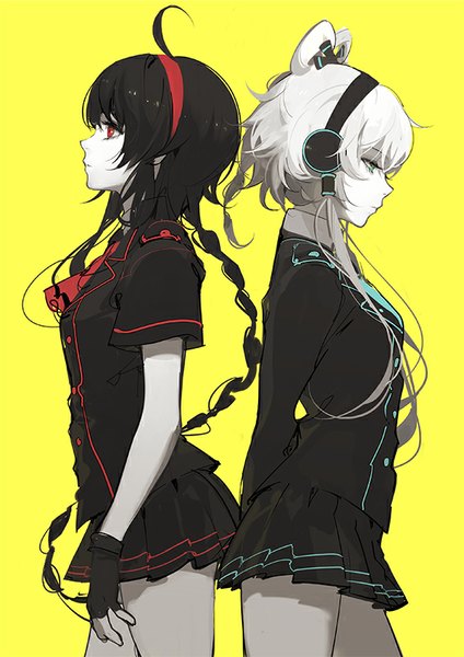 Anime picture 566x800 with vocaloid vocaloid china luo tianyi yuezheng ling ask (askzy) long hair tall image black hair simple background red eyes multiple girls looking away ahoge white hair braid (braids) profile pleated skirt aqua eyes single braid hands behind back
