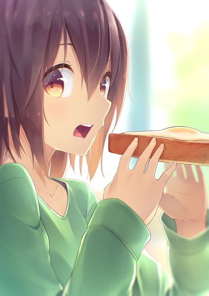 Anime picture 1414x2000 with original ninnzinn single tall image fringe short hair open mouth brown hair brown eyes teeth close-up girl bread fried eggs