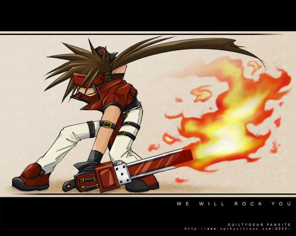 Anime picture 1280x1024 with guilty gear sol badguy single long hair brown hair chibi boy weapon fire bandana