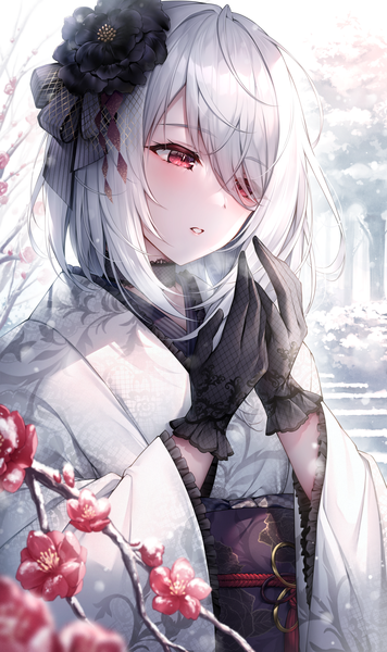 Anime picture 1019x1718 with original lenne (oyuwari) oyuwari single long hair tall image blush fringe red eyes looking away silver hair upper body outdoors traditional clothes parted lips japanese clothes hair flower hair over one eye wide sleeves arms up