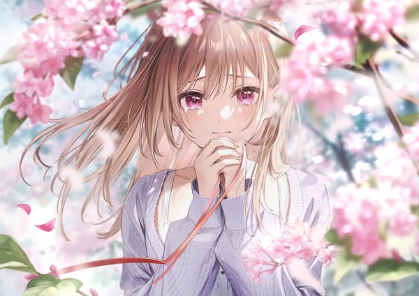 Anime picture 4093x2894 with original zattape single long hair looking at viewer fringe highres brown hair absurdres upper body pink eyes blurry arms up tears cherry blossoms crying hands clasped girl hair ornament petals