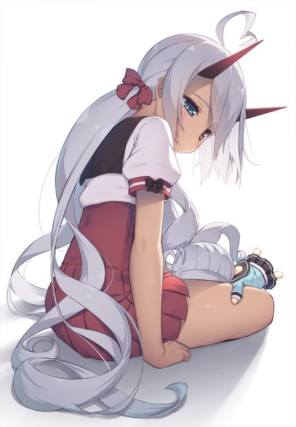 Anime picture 1300x1877 with azur lane portland (azur lane) indianapolis (azur lane) indianapolis (school life with my sister...) (azur lane) olive (laai) single tall image blush fringe blue eyes simple background hair between eyes white background sitting twintails yellow eyes looking away silver hair ahoge bent knee (knees)