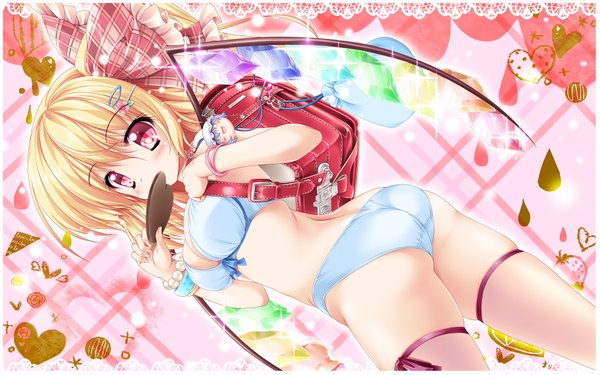 Anime picture 1920x1200 with touhou flandre scarlet kamiya tomoe single blush highres short hair light erotic blonde hair pink eyes underwear only valentine girl thighhighs underwear panties bow hair bow wings food