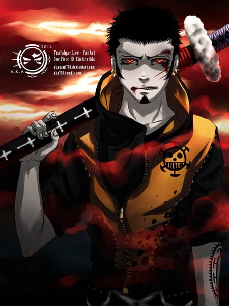 Anime picture 1024x1365 with one piece toei animation trafalgar law akagami707 single tall image short hair black hair red eyes tattoo coloring boy weapon earrings sword blood beard