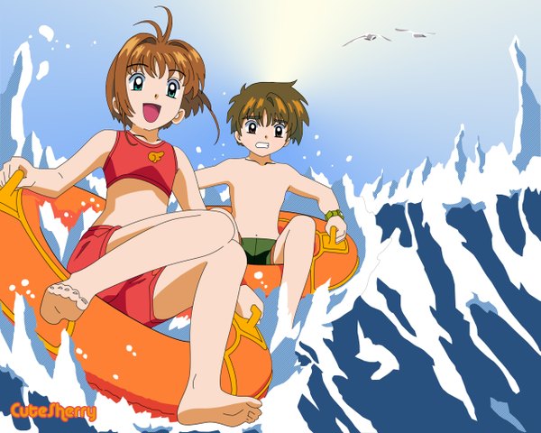Anime picture 1280x1024 with card captor sakura clamp kinomoto sakura syaoran swimsuit