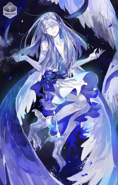 Anime picture 640x1000 with original pixiv fantasia pixiv fantasia fallen kings noir (ibaraki) single long hair tall image fringe cleavage eyes closed fingernails weightlessness mutation girl dress petals wings feather (feathers) arrow (arrows) claws