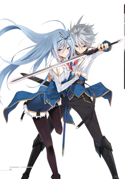 Anime picture 1424x2048 with saijaku muhai no bahamut krulcifer einfolk lux arcadia kasuga ayumu (haruhipo) long hair tall image looking at viewer blush short hair blue eyes simple background white background blue hair silver hair scan girl dress boy weapon pantyhose