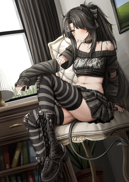 Anime picture 2480x3508 with original lobsteranian single long hair tall image looking at viewer blush fringe highres light erotic black hair sitting green eyes payot ponytail indoors tail long sleeves nail polish pleated skirt