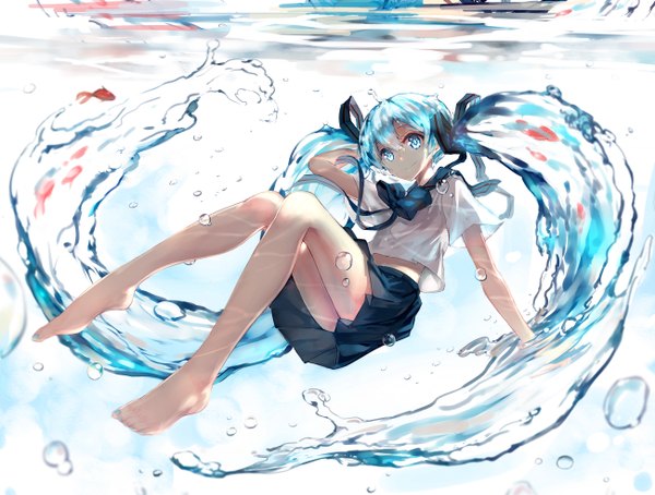 Anime picture 1300x985 with vocaloid hatsune miku bottle miku lf single looking at viewer blue eyes smile blue hair very long hair nail polish pleated skirt barefoot fingernails bare belly bare legs short sleeves legs reflection convenient censoring