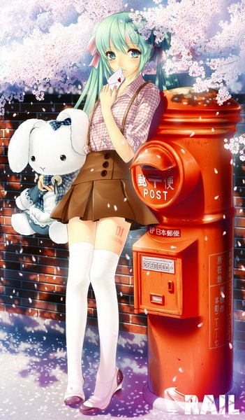 Anime picture 700x1195 with vocaloid hatsune miku rail (silverbow) single long hair tall image looking at viewer blush twintails aqua eyes aqua hair embarrassed zettai ryouiki cherry blossoms brick wall girl thighhighs skirt hair ornament bow