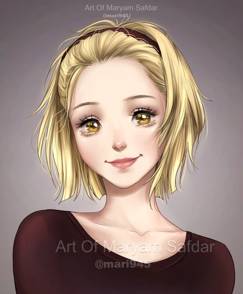 Anime picture 2480x3000 with original mari945 single tall image looking at viewer highres short hair simple background blonde hair smile signed yellow eyes upper body grey background portrait girl headband