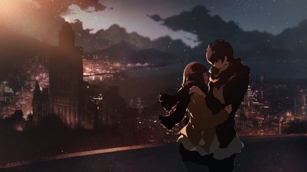 Anime picture 1200x675 with vocaloid c.c.r short hair open mouth smile brown hair wide image standing cloud (clouds) outdoors sunlight night night sky couple city evening looking down happy reflection sunset