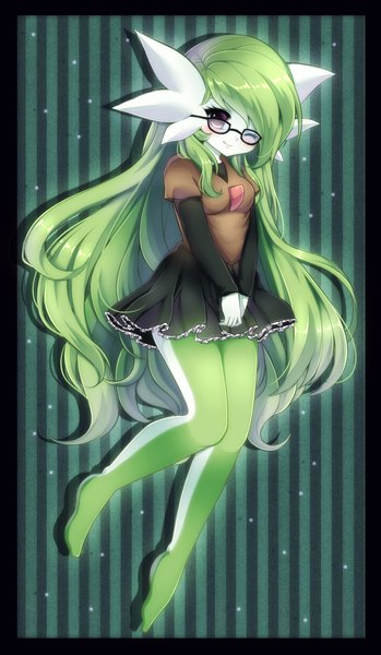 Anime picture 1244x2135 with pokemon nintendo gardevoir midna01 single tall image looking at viewer blush fringe simple background smile purple eyes very long hair one eye closed green hair wink striped background gen 3 pokemon girl dress