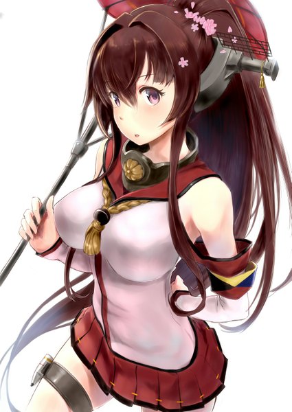 Anime picture 1075x1518 with kantai collection yamato super battleship wa (genryusui) single long hair tall image looking at viewer blush breasts simple background brown hair large breasts white background brown eyes ponytail arm behind back girl skirt hair ornament miniskirt