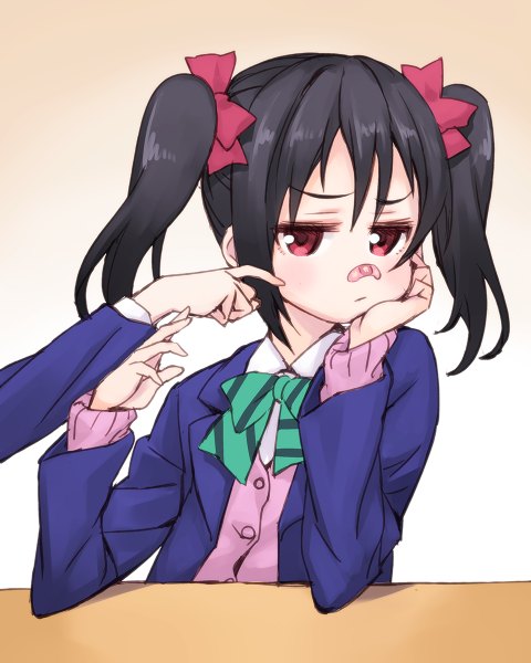 Anime picture 960x1200 with love live! school idol project sunrise (studio) love live! yazawa nico matsuryuu tall image looking at viewer blush short hair black hair simple background red eyes twintails gradient background bandaid on nose girl uniform ribbon (ribbons) hair ribbon school uniform