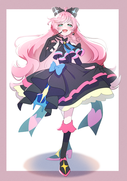 Anime picture 978x1389 with precure hirogaru sky! precure toei animation nijigaoka mashiro cure prism osarutukamaeru single long hair tall image looking at viewer open mouth green eyes pink hair full body :d magical girl dark persona girl dress gloves