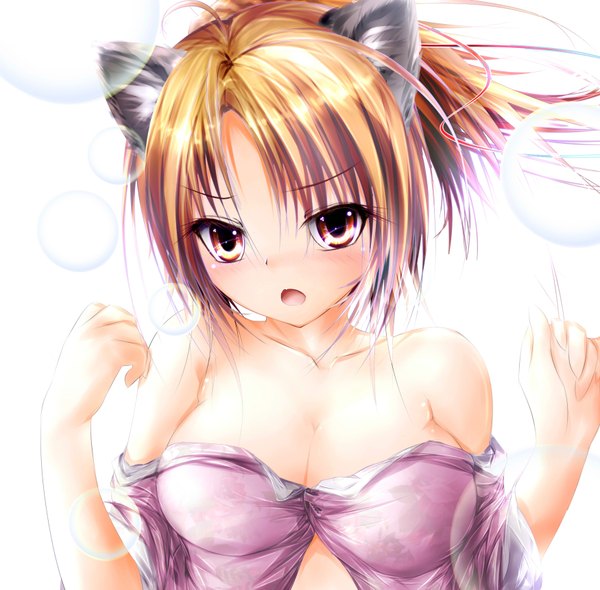 Anime picture 3500x3443 with oda nobuna no yabou oda nobuna garyljq looking at viewer highres short hair breasts open mouth light erotic simple background blonde hair white background animal ears yellow eyes absurdres cat ears girl