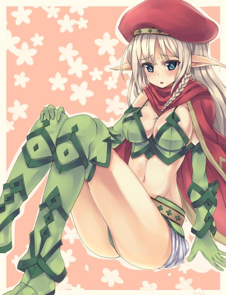 Anime picture 1000x1306 with queen's blade alleyne (queen's blade) chin pamu single long hair tall image blush breasts blue eyes light erotic pointy ears grey hair elf girl navel headdress