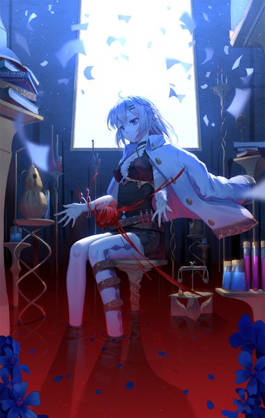 Anime picture 1000x1576 with original ji dao ji single tall image fringe short hair breasts light erotic hair between eyes sitting payot looking away cleavage ahoge pleated skirt multicolored hair wind two-tone hair shadow magic