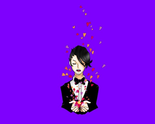 Anime picture 1280x1024 with vocaloid tonio single highres short hair open mouth black hair upper body eyes closed purple background boy heart bowtie