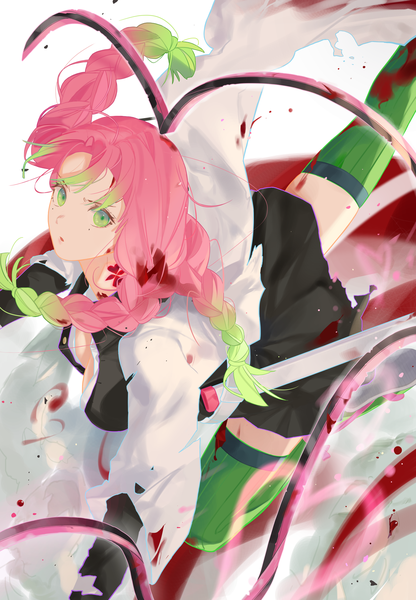 Anime picture 2425x3500 with kimetsu no yaiba ufotable kanroji mitsuri tr (hareru) single long hair tall image looking at viewer highres light erotic green eyes pink hair braid (braids) multicolored hair green hair from above two-tone hair bloody clothes girl thighhighs
