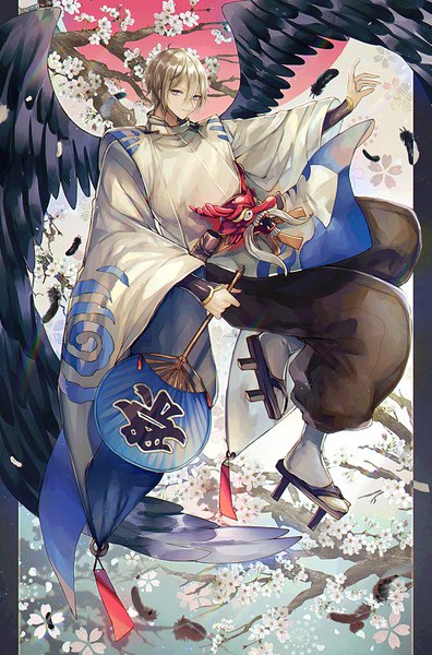 Anime picture 990x1500 with onmyoji daitengu (onmyoji) abandon ranka single tall image looking at viewer fringe short hair blue eyes blonde hair hair between eyes full body traditional clothes japanese clothes cherry blossoms black wings boy wings feather (feathers) mask
