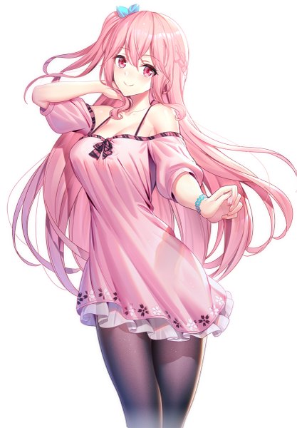 Anime picture 835x1200 with original emily stock ririko (zhuoyandesailaer) single long hair tall image looking at viewer blush fringe breasts simple background smile hair between eyes large breasts standing white background bare shoulders holding pink hair cleavage