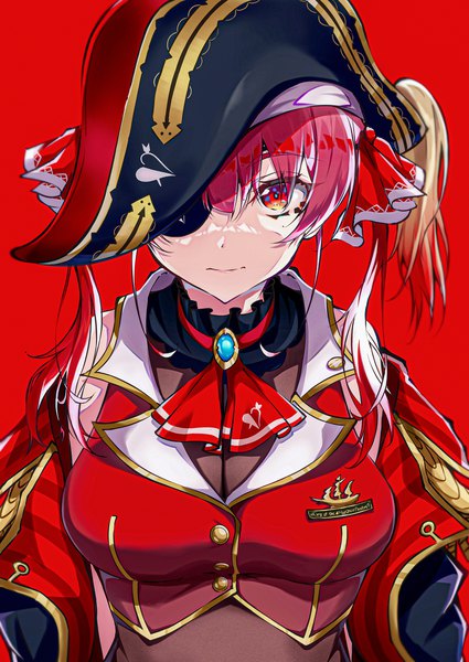 Anime picture 2508x3541 with virtual youtuber hololive houshou marine houshou marine (1st costume) pension z single long hair tall image looking at viewer fringe highres simple background hair between eyes red eyes twintails upper body red hair shaded face red background girl