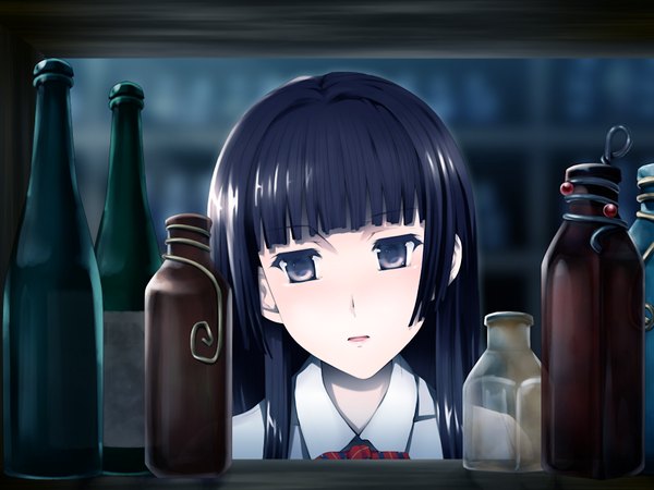 Anime picture 1024x768 with bengarachou hakubutsushi yoimachi shirako long hair black hair game cg black eyes girl bottle