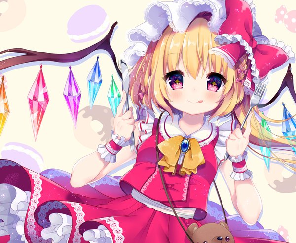 Anime picture 2169x1783 with touhou flandre scarlet shiika yuno single looking at viewer fringe highres blonde hair smile red eyes upper body sleeveless one side up symbol-shaped pupils :q + + girl skirt ribbon (ribbons) hat