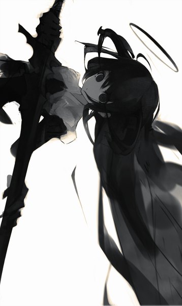 Anime picture 1410x2362 with original gyup91 single tall image looking at viewer fringe simple background white background very long hair wind monochrome unsheathing wind lift sideways girl dress weapon sword halo sheath