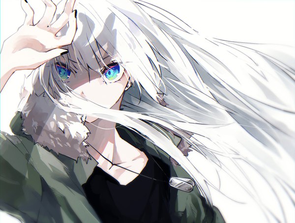 Anime picture 1317x995 with original yagi (shiro yagi) single long hair fringe blue eyes simple background hair between eyes white background looking away upper body white hair arm up open jacket shadow fur trim covered mouth girl jacket fur