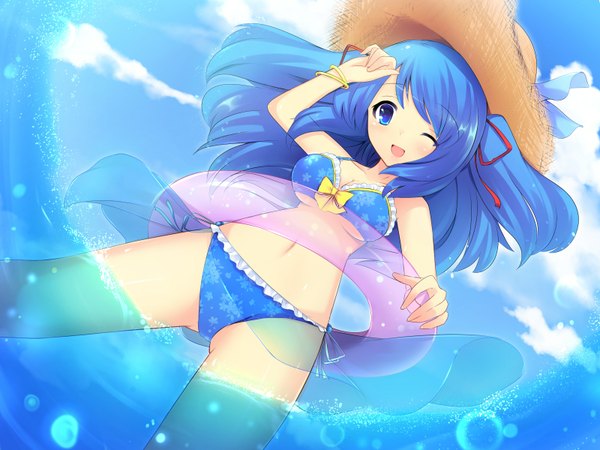 Anime picture 1600x1200 with original snow (gi66gotyo) single long hair open mouth blue eyes blue hair cloud (clouds) one eye closed wink from below two side up ;d girl navel swimsuit hat bikini water bracelet