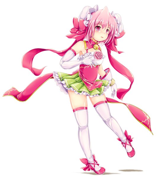 Anime picture 1320x1482 with death angel komachi touhou ibaraki kasen ichirino minagi single tall image looking at viewer fringe short hair light erotic simple background standing white background pink hair parted lips pleated skirt pink eyes standing on one leg magical girl adapted costume