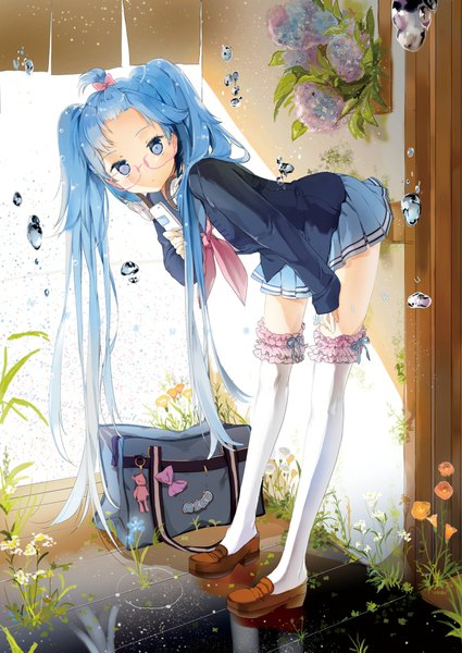Anime picture 1400x1978 with vocaloid hatsune miku anmi single long hair tall image blue eyes twintails blue hair leaning leaning forward rain underwater headphones around neck girl thighhighs skirt uniform flower (flowers) school uniform