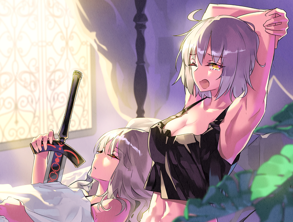 Anime picture 1500x1140 with fate (series) fate/grand order artoria pendragon (all) jeanne d'arc (fate) (all) jeanne d'arc alter (fate) saber alter tsurukame long hair looking at viewer fringe short hair breasts open mouth light erotic hair between eyes large breasts multiple girls yellow eyes cleavage silver hair