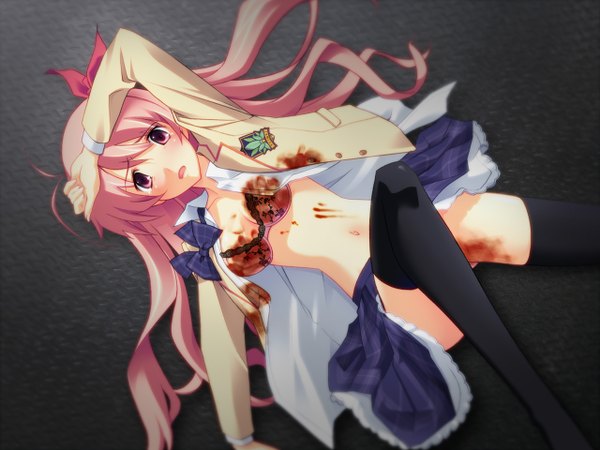 Anime picture 1280x960 with chaos;head sakihata rimi long hair light erotic pink hair skirt serafuku blood
