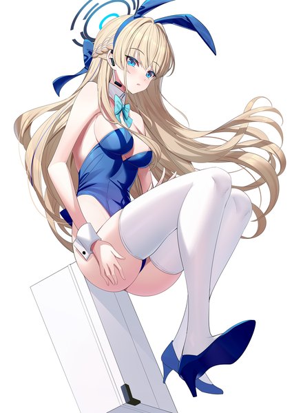 Anime picture 900x1273 with blue archive toki (blue archive) toki (bunny) (blue archive) ririko (zhuoyandesailaer) single long hair tall image looking at viewer fringe breasts blue eyes light erotic simple background blonde hair white background sitting animal ears full body blunt bangs braid (braids)